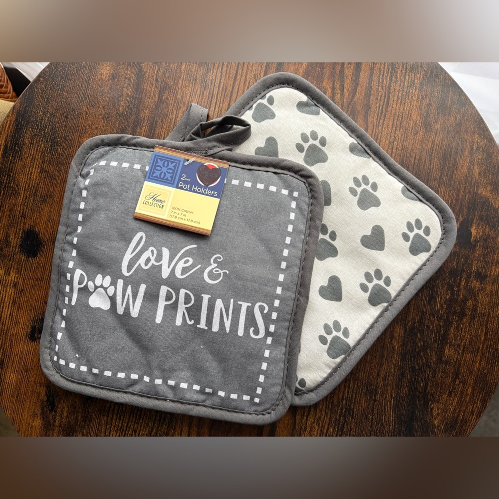 Gray and White Pot Holders - Love & Paw Prints